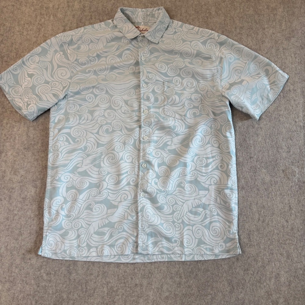 Kahala Wave Print Button Up Shirt Mens M Light Blue Relaxed Aloha Tropical